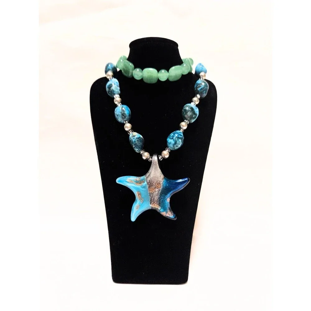 Blue Art Glass Starfish Pendant Beaded Necklace & Green Stretch Bracelet Set
